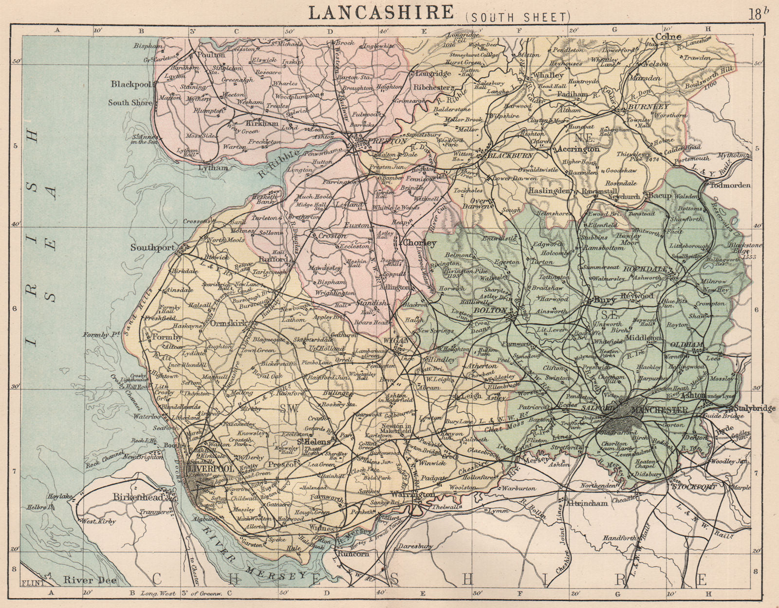 LANCASHIRE SOUTH. Antique county map. Railways roads constituencies. PHILIP 1882